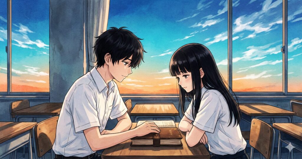 夕暮れの教室で日記を開く少年と少女のイラスト。旅に出よう、滅びゆく世界の果てまで。の読後感イメージ