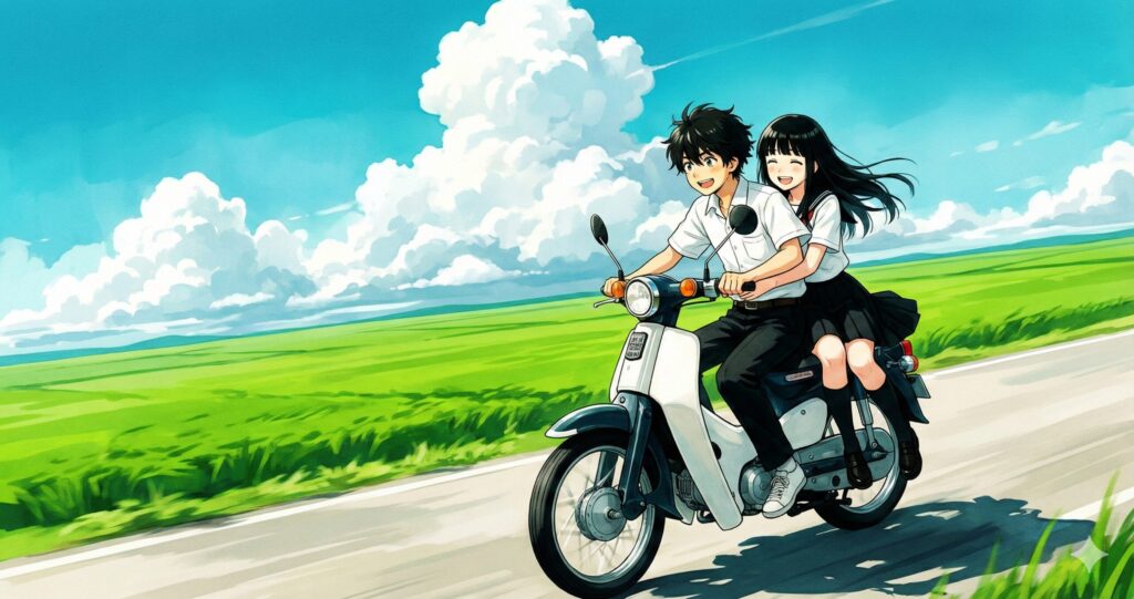 スーパーカブで北海道の一本道を走る少年と少女のイラスト。青春ロードムービーのイメージ