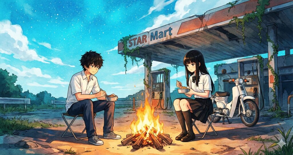 廃墟の前で焚き火を囲む少年と少女のイラスト。静かな終末世界の夜のイメージ