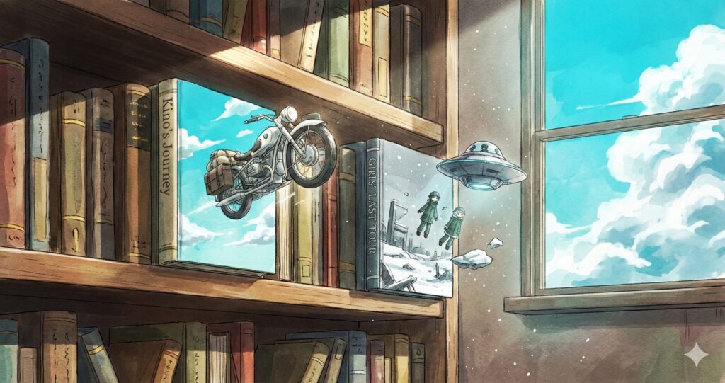 類似作品の本が並ぶ本棚のイラスト。キノの旅などをイメージ