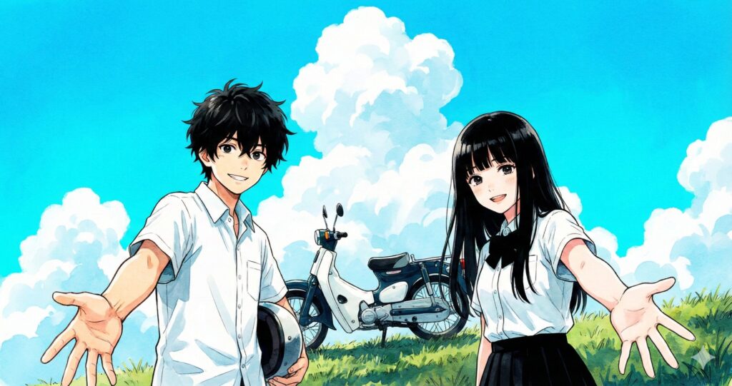 読者に手を差し伸べる少年と少女のイラスト。旅への誘いとまとめのイメージ