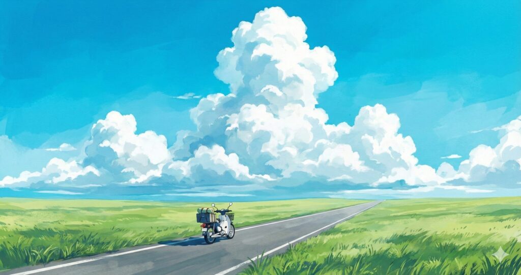 夏の北海道のような一本道を走るスーパーカブのイラスト。爽快な旅の情景