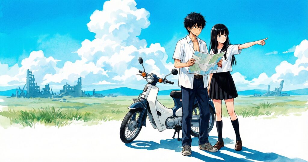 旅に出よう、滅びゆく世界の果てまで。のあらすじイメージ。草原とスーパーカブと少年少女