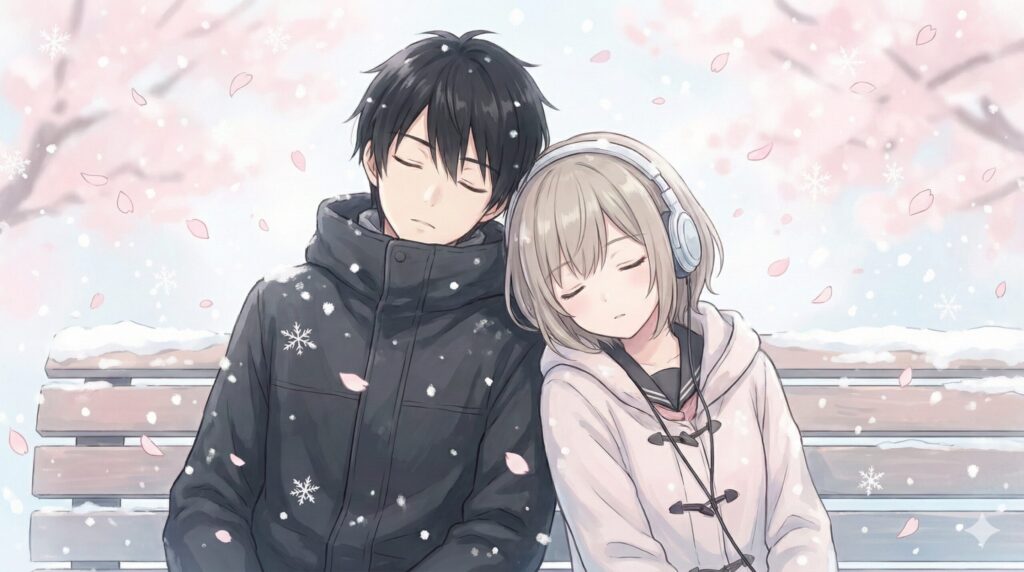 桜と雪が舞う中で穏やかに寄り添い合う青年と少女の、美しくも儚い結末を暗示するイラスト
