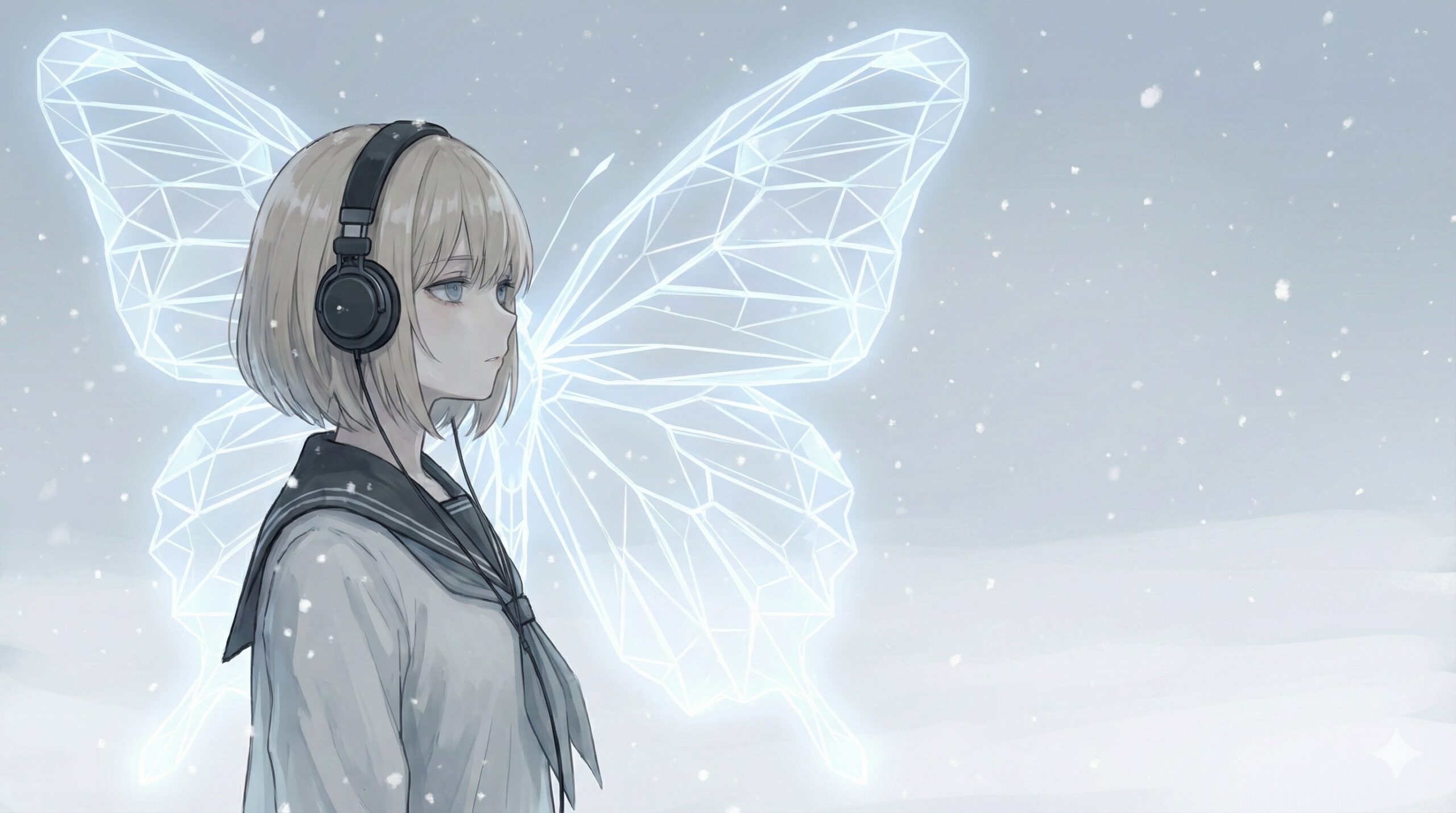 雪の中に佇むヘッドホンをした少女と、背後に浮かぶ幻想的な蝶のシルエット