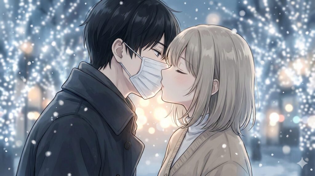 雪の中でマスク越しにキスをする青年と少女の幻想的で切ないイラスト