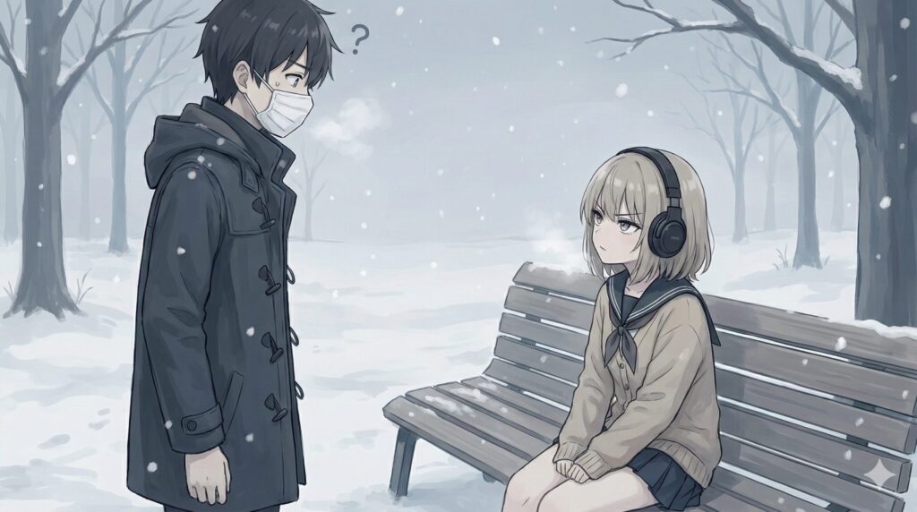 雪の公園で出会うマスク姿の潔癖症の青年とヘッドホンをした視線恐怖症の少女の緊張感あるイラスト