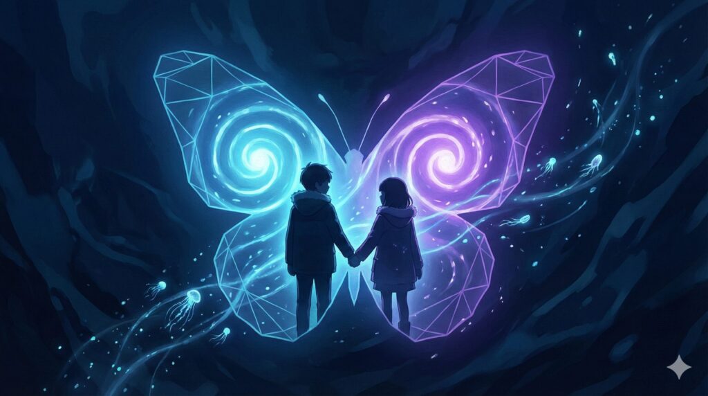 フタゴムシの融合と二人の男女のシルエットが重なり合う神秘的で幻想的なイラスト