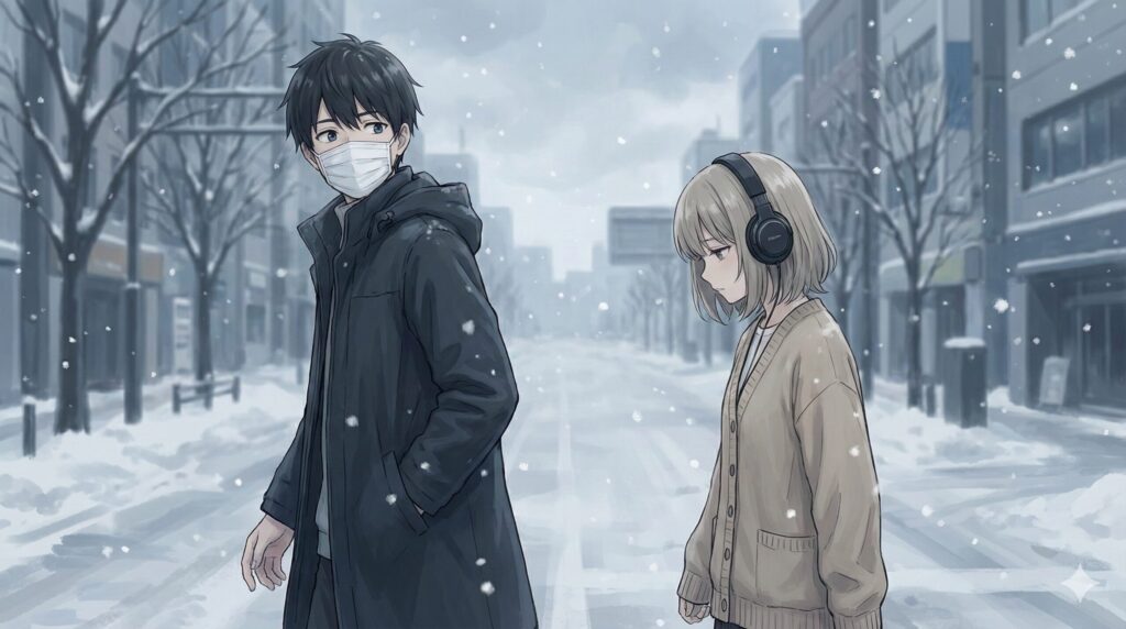 雪の降る冬の街を少し距離を置いて歩くマスク姿の青年とヘッドホン姿の少女