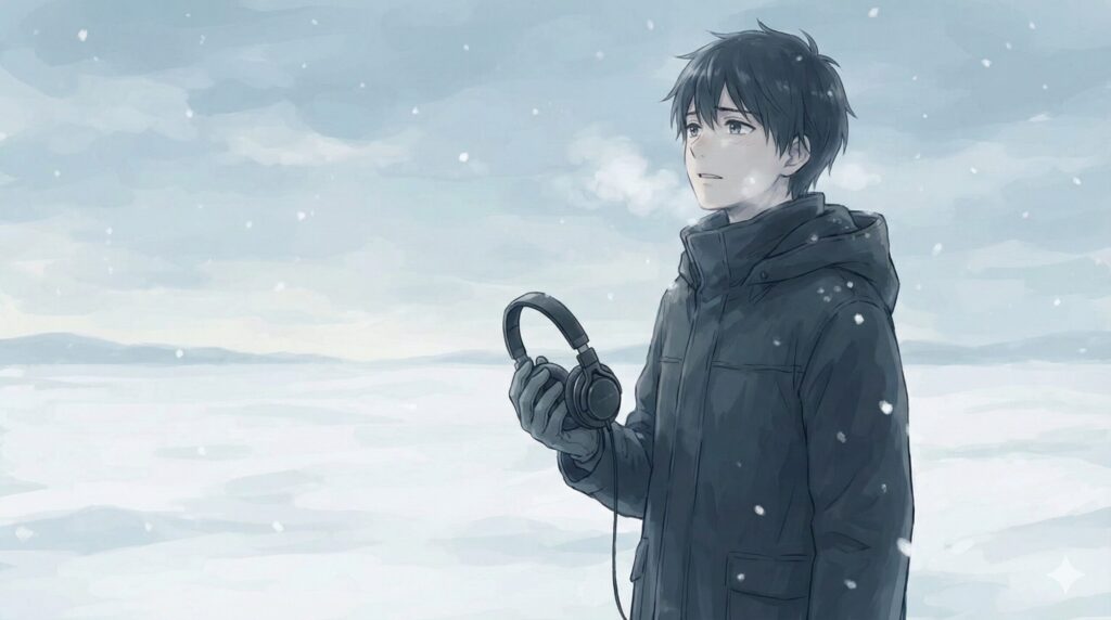 雪の中で佐薙のヘッドホンを握りしめ、一人佇む高坂賢吾の静謐なイラスト