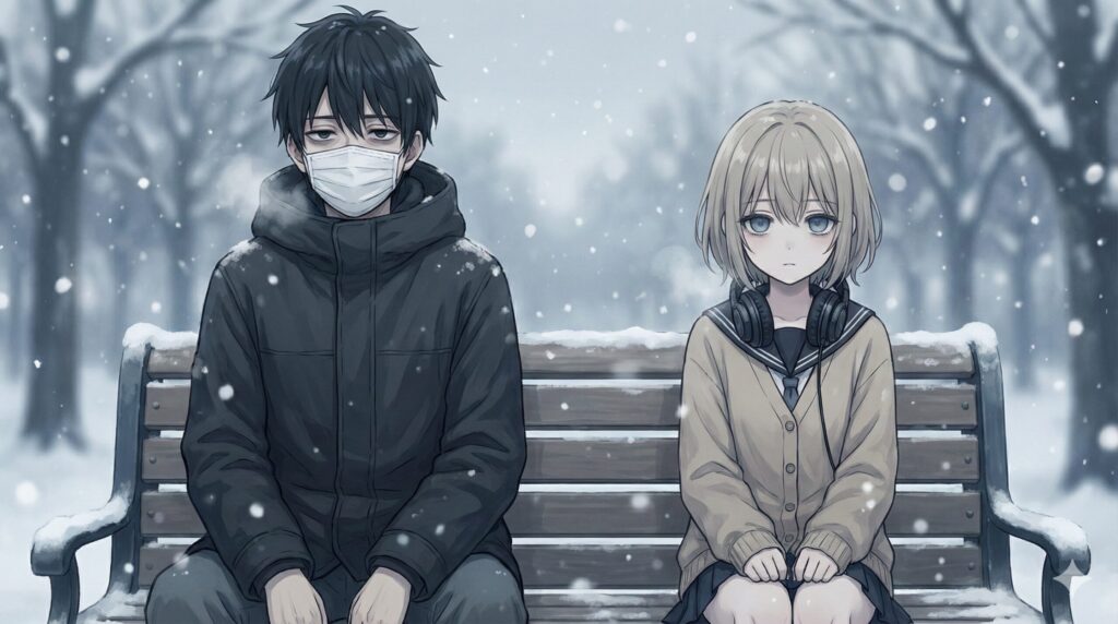 雪の公園のベンチに座るマスクをした青年とヘッドホンをした少女の静かで切ないイラスト