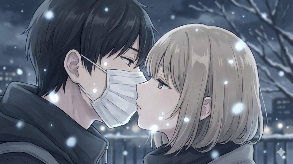 雪の中でマスク越しにキスをする青年と少女の幻想的で切ないイラスト