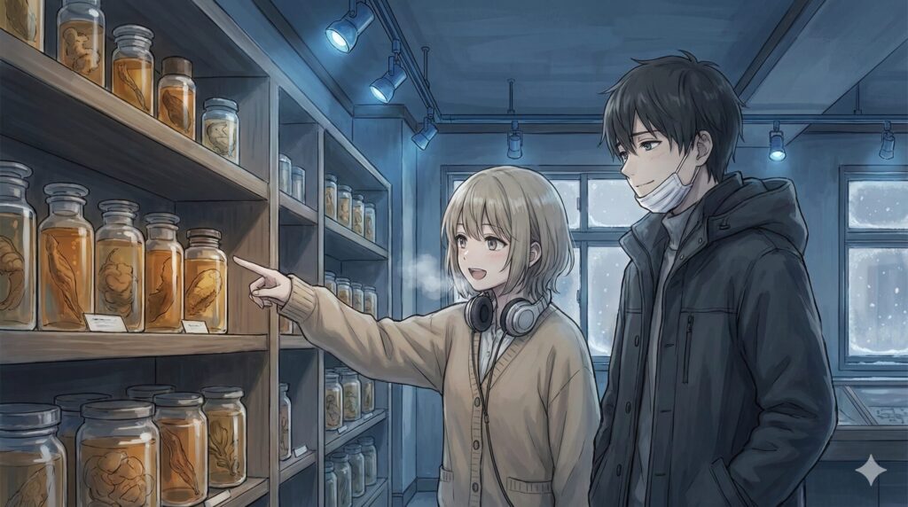 薄暗い博物館で寄生虫の標本を見つめながら語り合う青年と少女の神秘的なデートシーンのイラスト