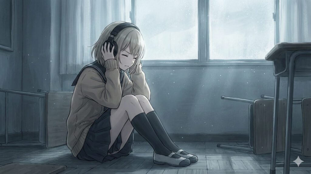 ヘッドホンで耳を塞ぎ膝を抱えて孤独に耐える佐薙ひじりの切なく美しいイラスト