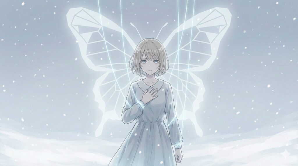 操り人形の糸が見え隠れする中で強い意志を秘めた表情を見せる佐薙ひじりのイラスト