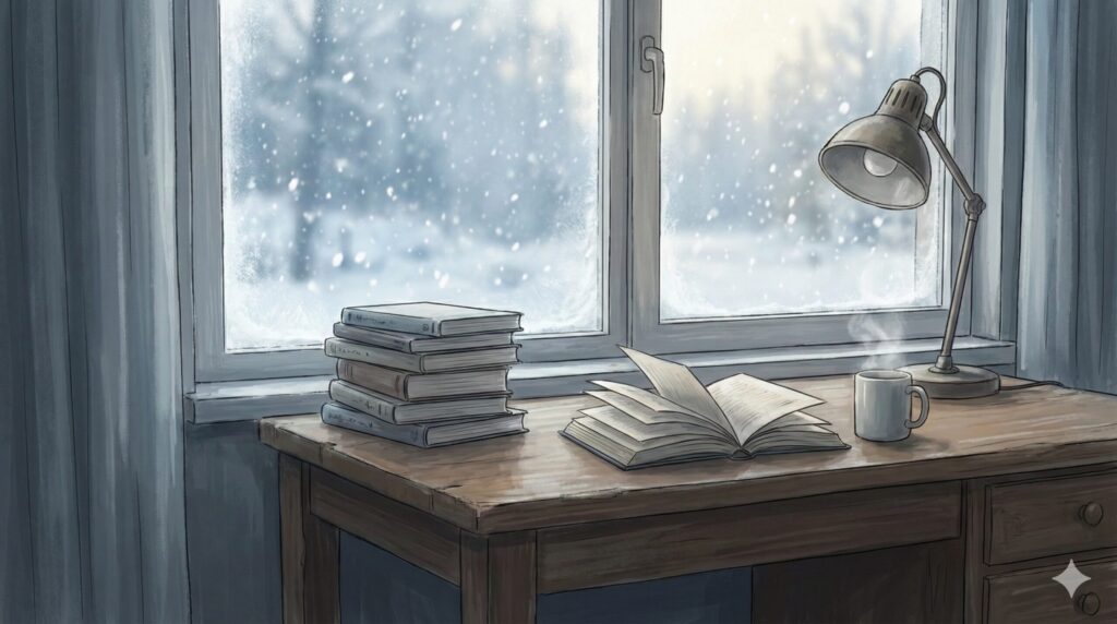 雪の降る窓辺のデスクに積まれた数冊の文庫本と読みかけの本