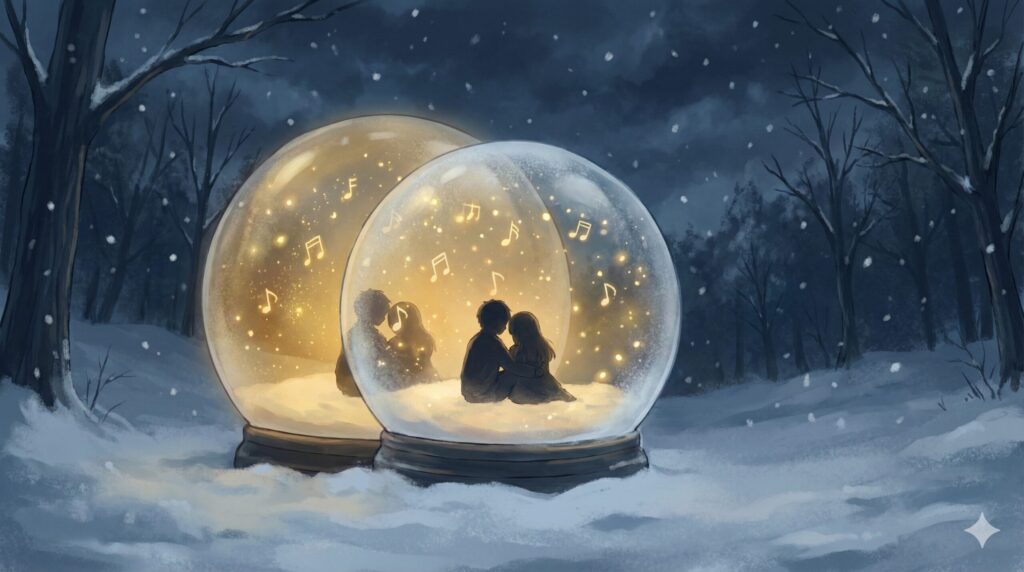 外部から隔絶されたスノードームの中で寄り添い、温かな光と幸福な音に包まれる二人の象徴的なイラスト
