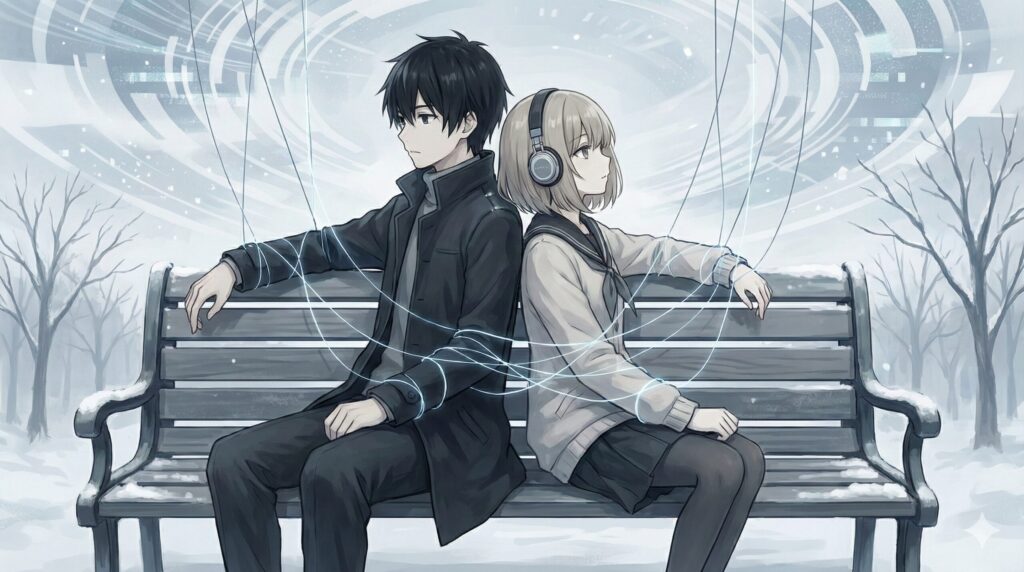 見えない糸に操られるように寄り添う、冬の装いの青年と少女の象徴的なイラスト