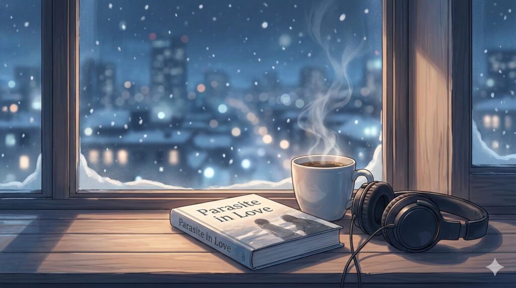 雪の降る夜、窓辺に置かれた『恋する寄生虫』の本とヘッドホンの静謐なイラスト