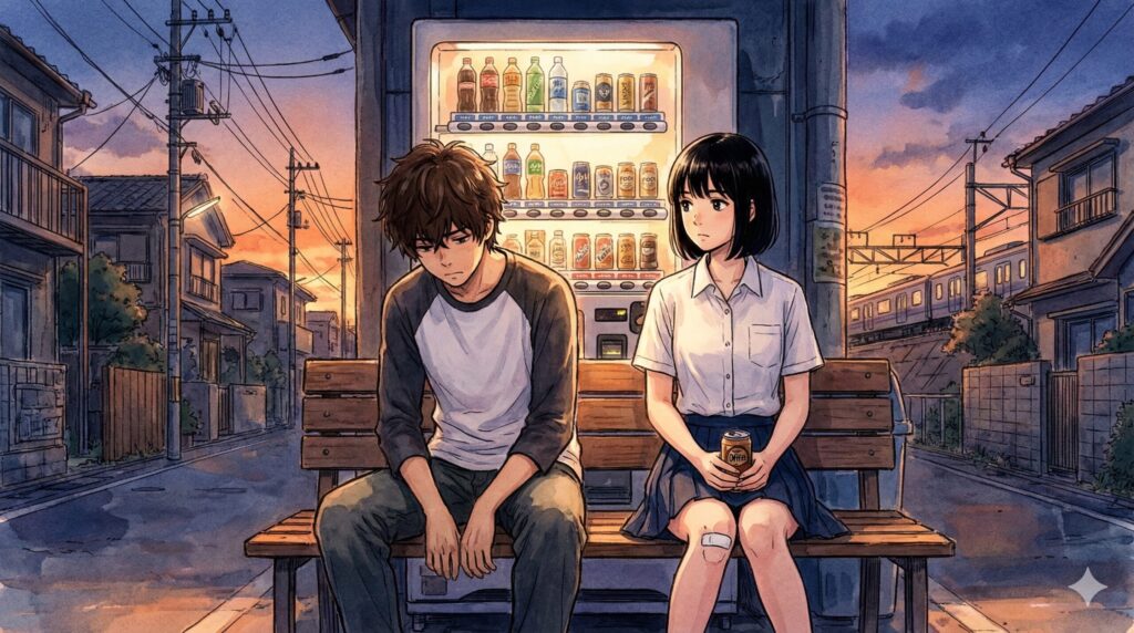 夕暮れの自動販売機の前で並んで座るクスノキとミヤギのノスタルジックで切ないイラスト