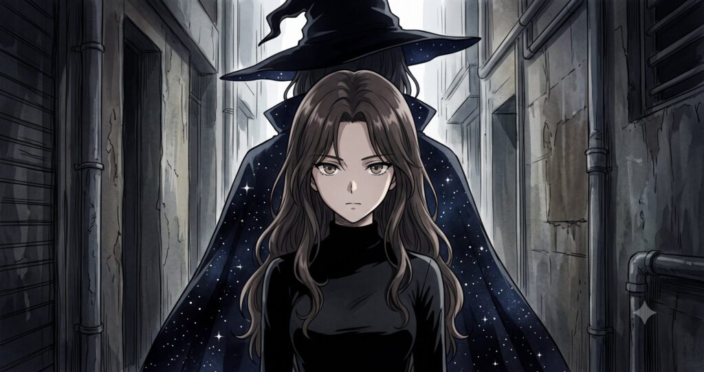 退廃的な路地裏に立つ黒いハイネック姿の少女と、その背後に浮かぶブギーポップの影を描いたアニメ調イラスト。キャラクターたちの孤独と強い意志を表現