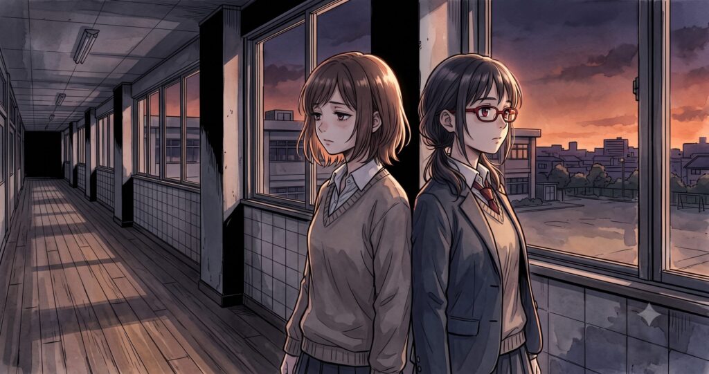 夕暮れの渡り廊下で背中合わせに立つ二人の少女のアニメ調イラスト。自己肯定感の欠如と思春期の痛みを表現