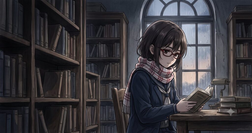 夕暮れの図書室で静かに本を読む、赤い眼鏡をかけた知的な少女のアニメ調イラスト。文学的な深みと静かな余韻を表現