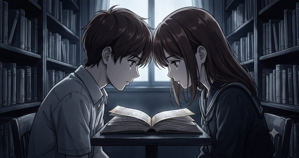 図書室で静かに本を読む少年少女のアニメ調イラスト。物語の始まりと静謐な読書体験を表現
