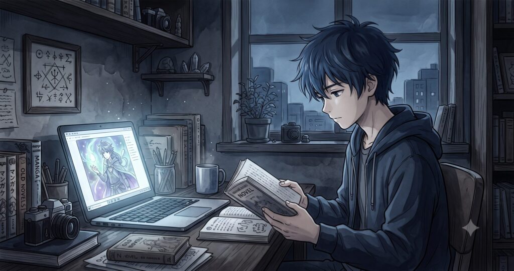薄暗い部屋で映像の記憶と本を照らし合わせながら没入する少年のアニメ調イラスト。メディアの比較と深い考察を表現