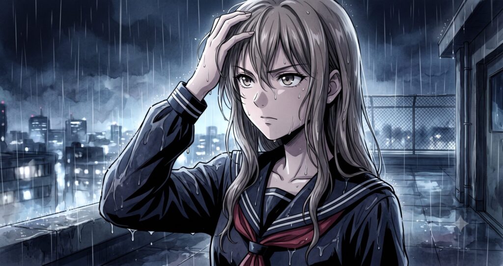 雨の夜、屋上で物憂げな表情で遠くを見つめる少女のアニメ調イラスト。キャラクターの深い孤独と心理描写を表現