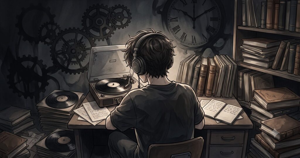 薄暗い部屋でレコードを聴きながら思索に耽る青年のアニメ調イラスト。サブカルチャーの引用と知的な魅力を表現