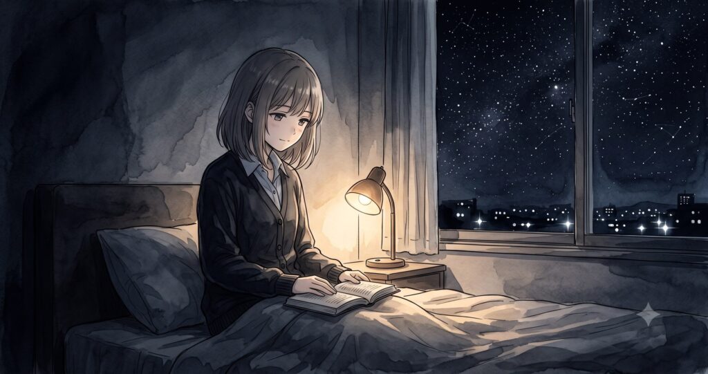 薄暗い部屋で本を読み終え、物語の深い余韻に浸る少女のアニメ調イラスト。静寂と自己肯定感を表現