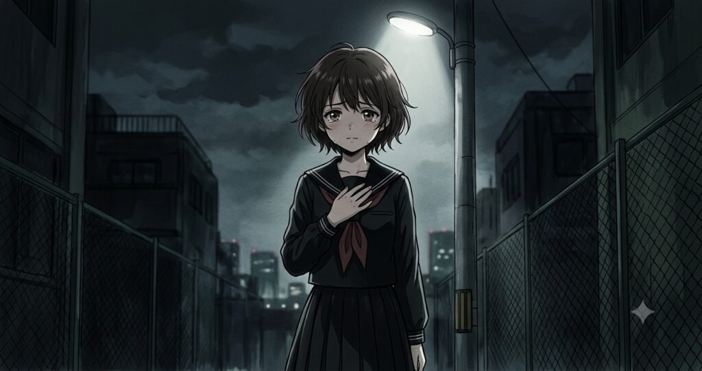 夜の街灯の下で胸に手を当てて立ち尽くす、黒いセーラー服の少女のアニメ調イラスト。思春期の不安と微かな決意を表現