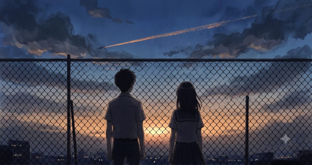 夕暮れの空と飛行機雲を見上げる少年少女のシルエットを描いたアニメ調イラスト。セカイ系特有の切なさと青春の痛みを表現