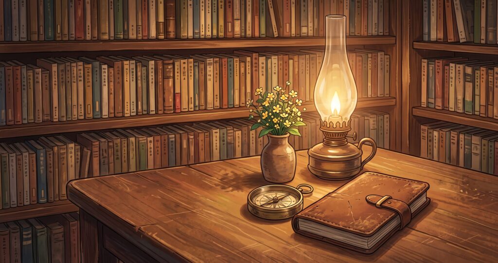 長い旅の歴史と物語の蓄積を感じさせる書斎とランプのアニメ調イラスト