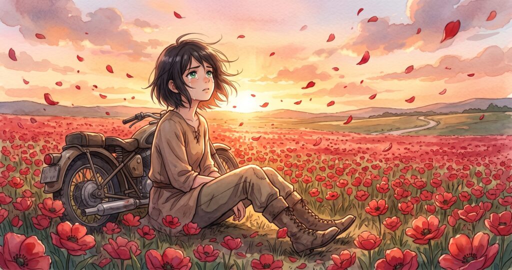赤い花畑の中で旅立ちの決意を固める幼き日のキノのアニメ調イラスト