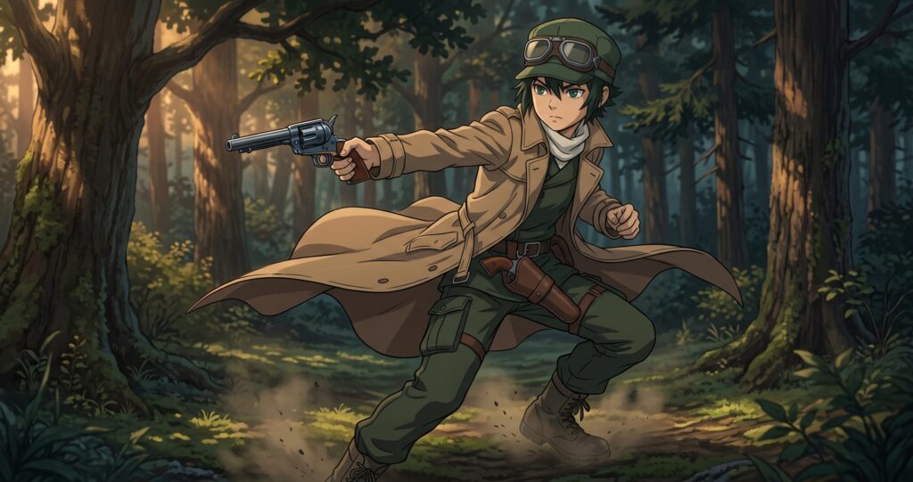 パースエイダーを素早く抜く旅人キノの緊迫感あふれるガンアクションのアニメ調イラスト