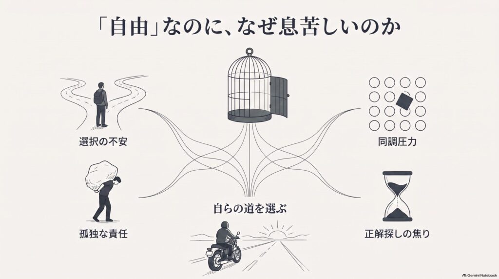 自由の刑と現代人の息苦しさを対比しキノの静かな選択へと導く思索の図解イラスト