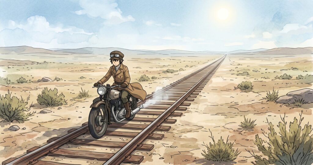 荒野の廃線路の上を走るキノとエルメスのシュールで静謐なアニメ調イラスト
