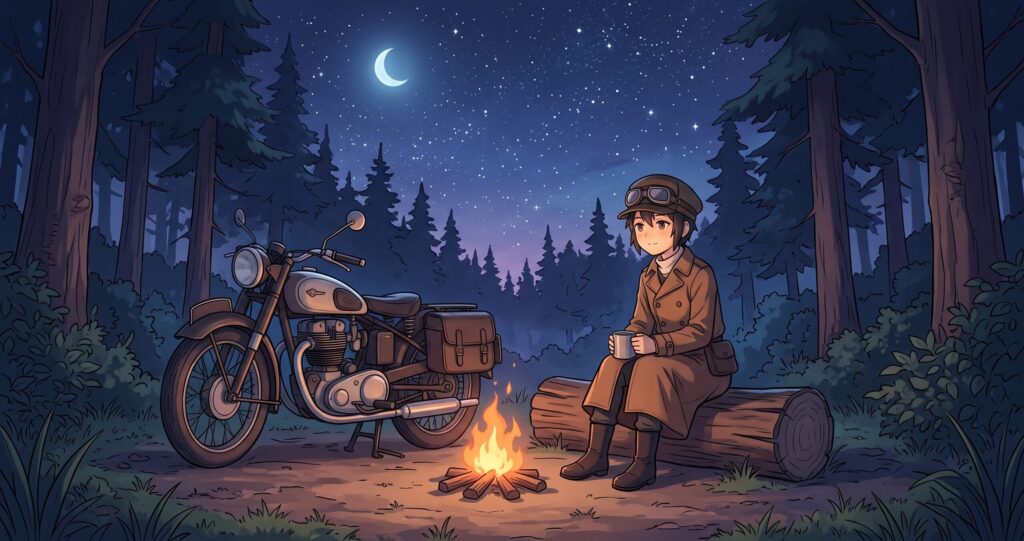 森の中で焚き火を囲み静かに夜を過ごすキノとエルメスのアニメ調イラスト