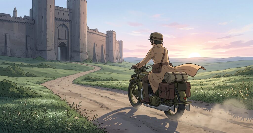 城壁に囲まれた国を出国し次の旅路へと向かうキノとエルメスのアニメ調イラスト