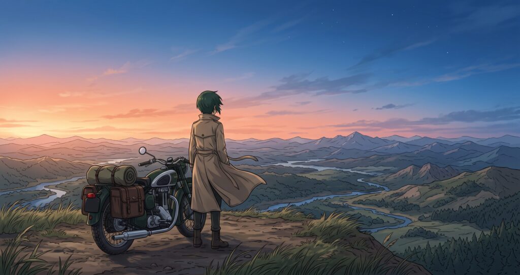 地平線を見つめ自由を引き受けて旅を続けるキノとエルメスのアニメ調イラスト