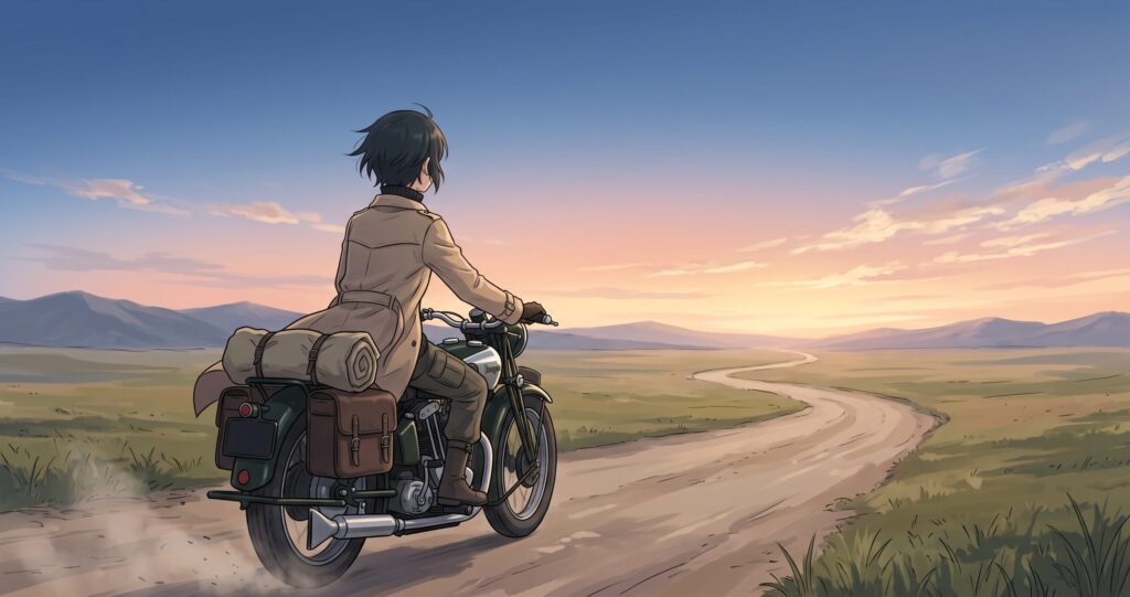 朝焼けの地平線へ向かって走り出すキノとエルメスの旅立ちのアニメ調イラスト