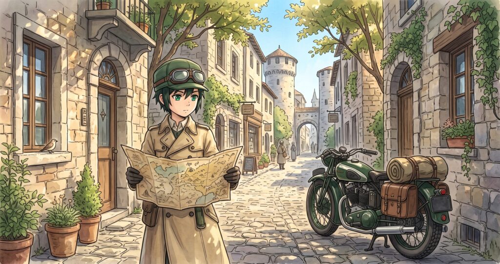 石畳の街角で相棒エルメスとともに地図を見る旅人キノのアニメ調イラスト