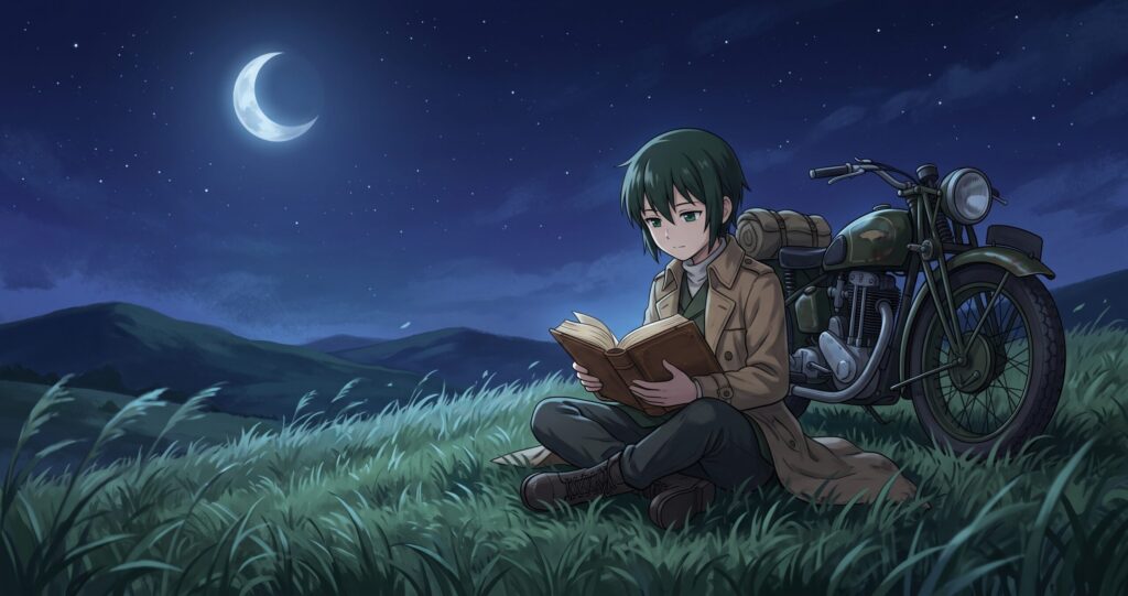 月明かりの森で本を開き思索に耽る旅人キノのアニメ調イラスト