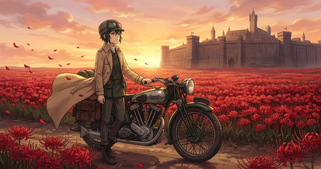 赤い花畑の中から大人の国の城壁を見つめる旅人キノとエルメスのアニメ調イラスト