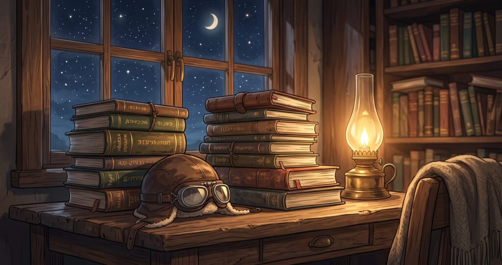 星空の窓辺に置かれた本と旅の小道具が物語る静謐なアニメ調イラスト