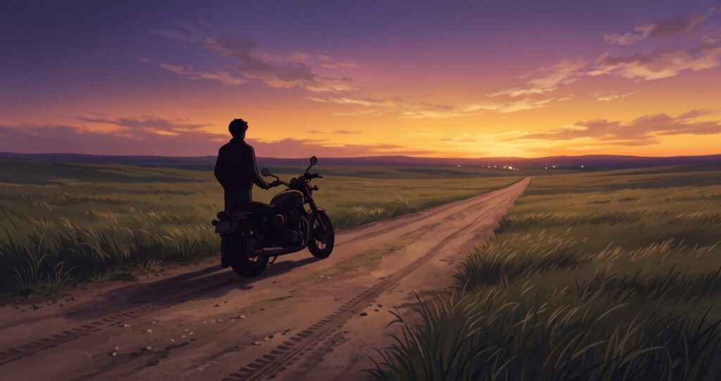 夕暮れの地平線へ続く道と終わらない思索の旅路を象徴するアニメ調イラスト