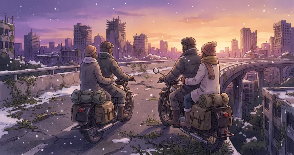 滅びゆく世界の夕暮れハイウェイを二輪車で進む旅人たちのアニメ調イラスト